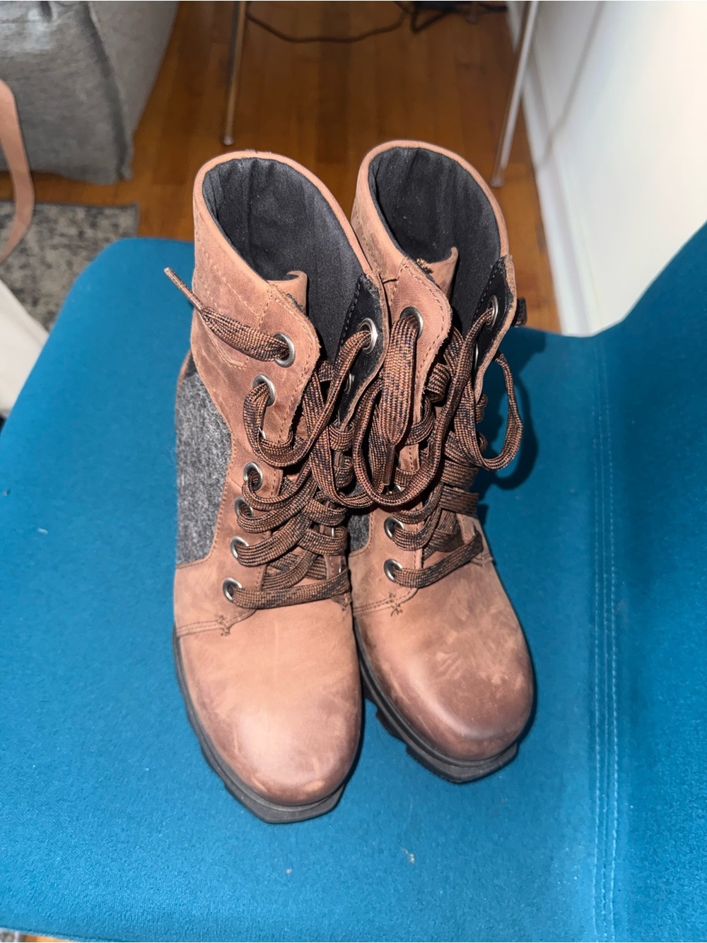 Sorel Brown Lace-Up Combat Boots with Gray Panels